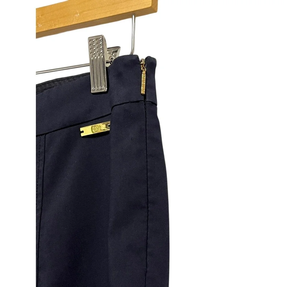 Tory Burch Trousers Pants‎ Women 2 Navy Blue Side Zip Gold Logo Stretch Preppy
